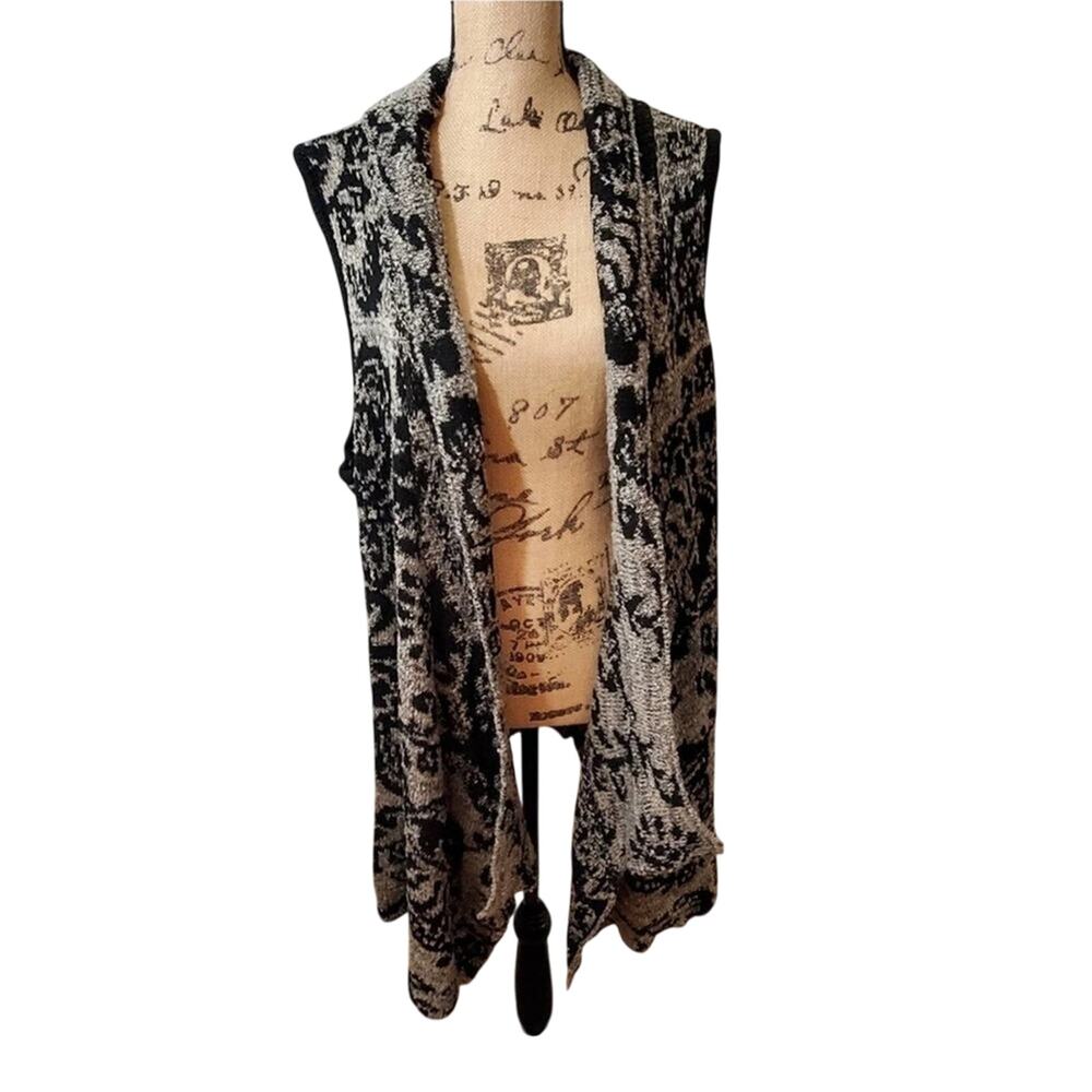 Joseph A Womens Black Gray Floral Knit Sleeveless Duster Vest Cardigan Sweater